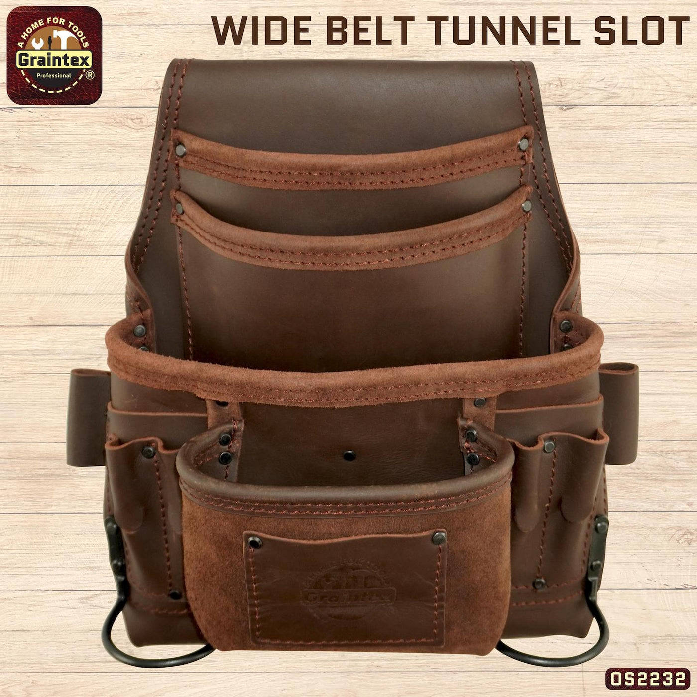 OS2232 :: 10 Pocket Nail & Tool Pouch Brown Color Oil Tanned Top Grain Leather