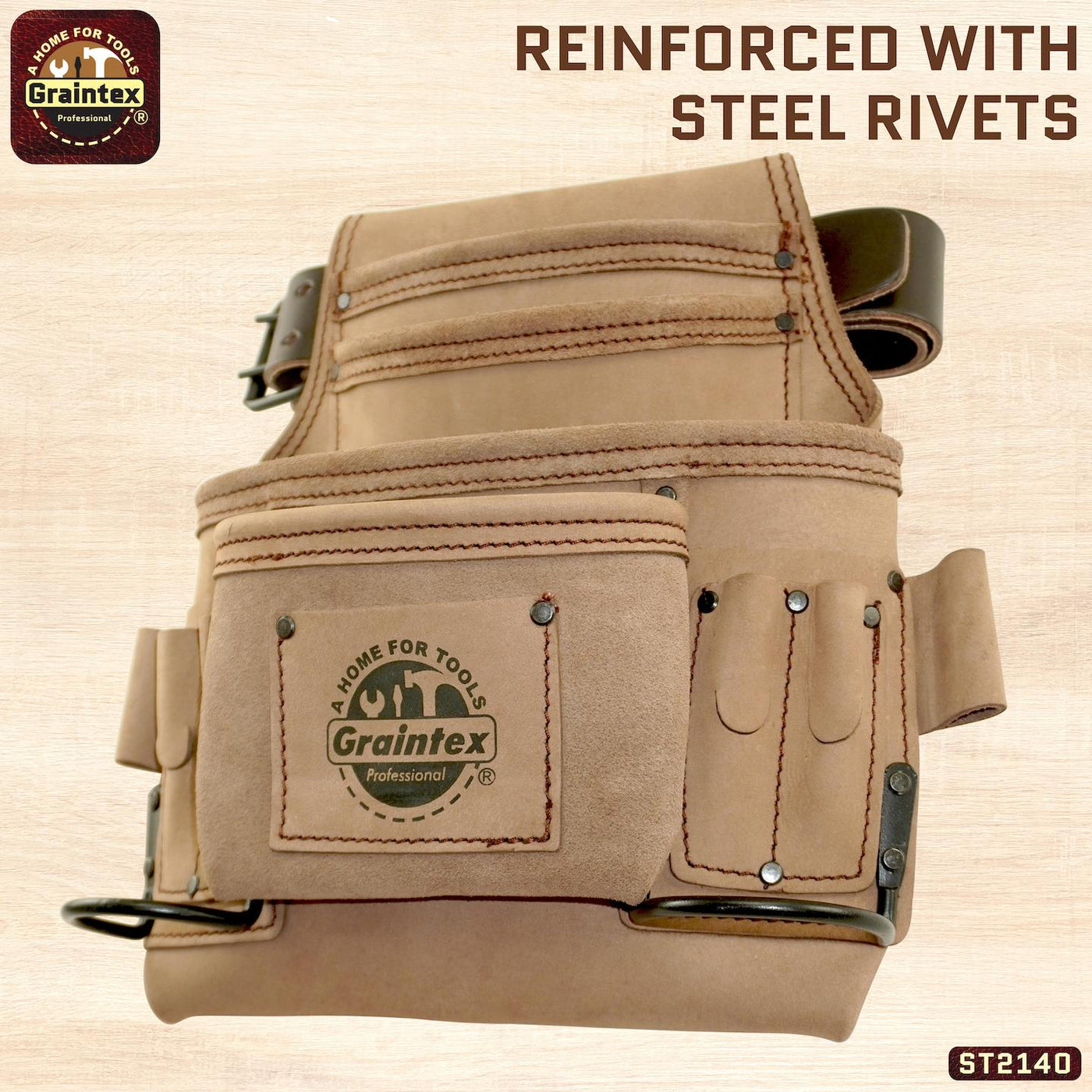 ST2140 :: 10 Pocket Nail & Tool Pouch Beige Color Top Grain Leather with 2" Leather Belt