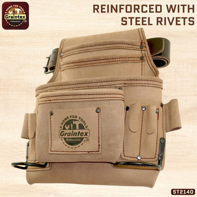 ST2140 :: 10 Pocket Nail & Tool Pouch Beige Color Top Grain Leather with 2" Leather Belt