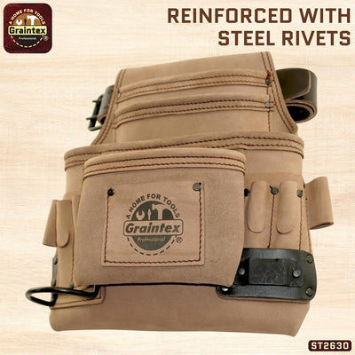 ST2630 :: 10 Pocket Nail & Tool Pouch Beige Color Top Grain Leather with 2" Leather Belt