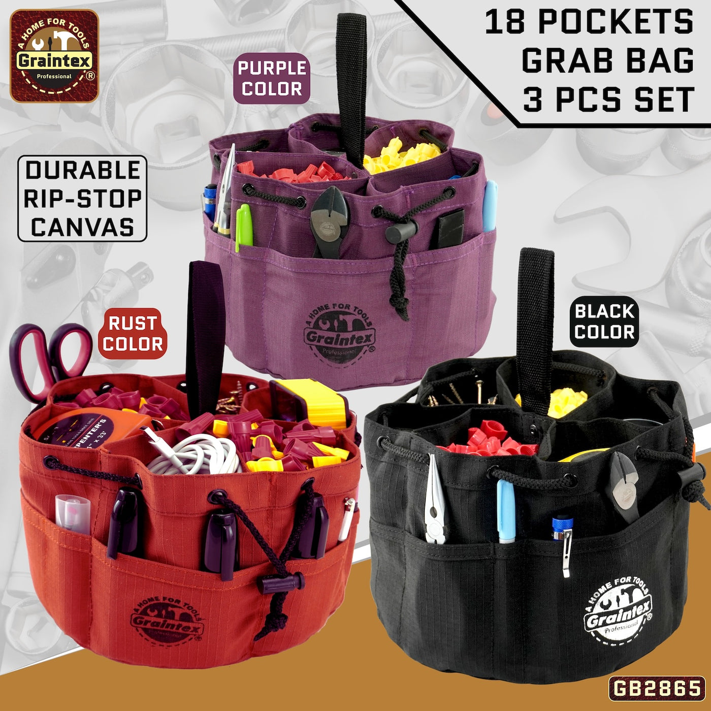 GB2865 :: 3 Pcs Grab Bags Set Rust, Black and Purple Color Rip-stop Canvas 18 Pockets