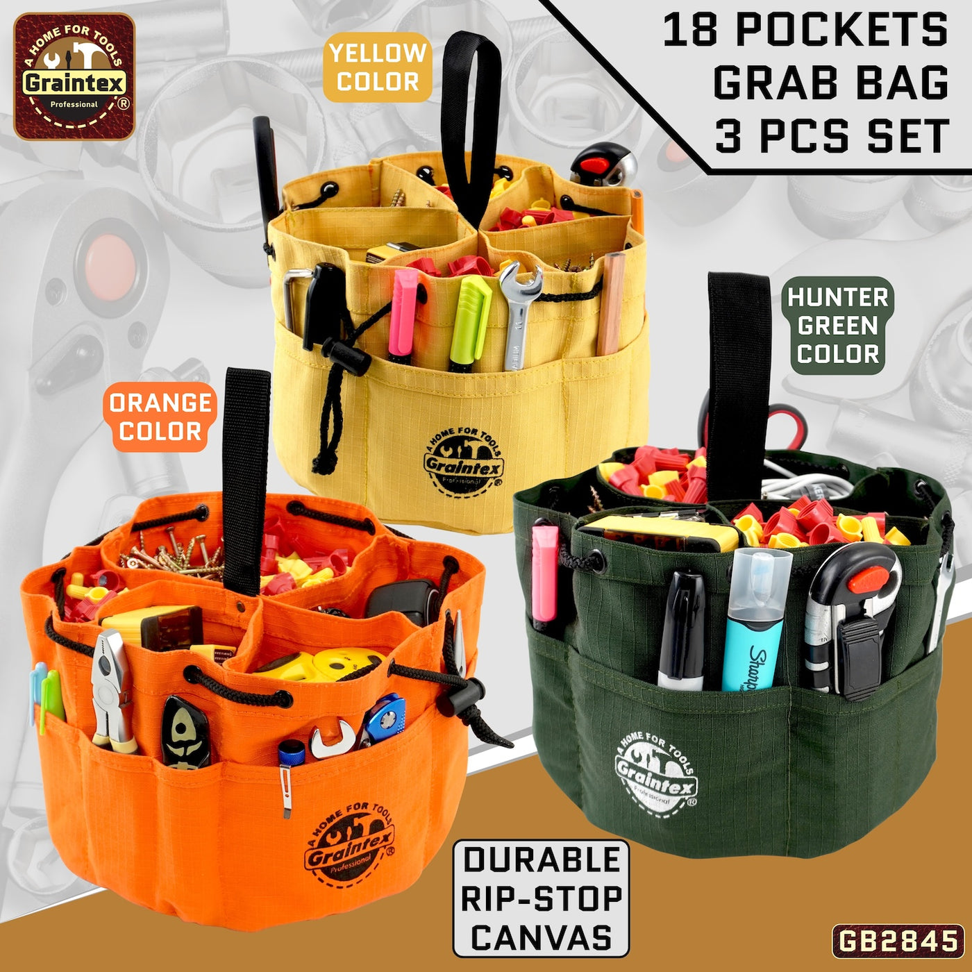 GB2845 :: 3 Pcs Grab Bags Set Yellow, Orange and Hunter Green Color Rip-stop Canvas 18 Pockets