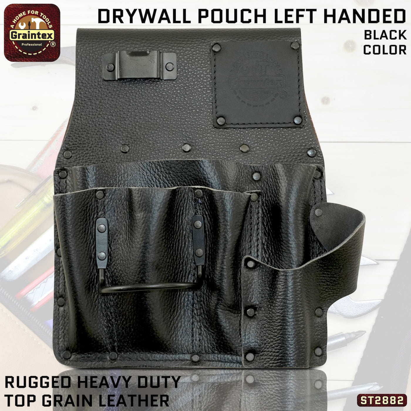 ST2882 :: Drywall Pouch Left Handed Black Color RUGGED Top Grain Leather