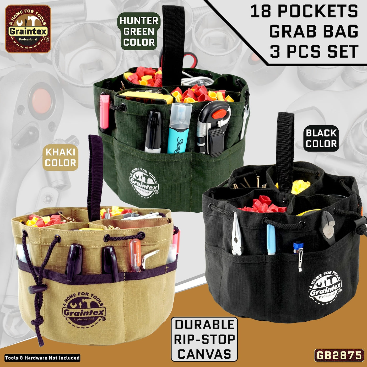 GB2875 :: 3 Pcs Grab Bags Set Khaki, Black and Hunter Green Color Rip-stop Canvas 18 Pockets