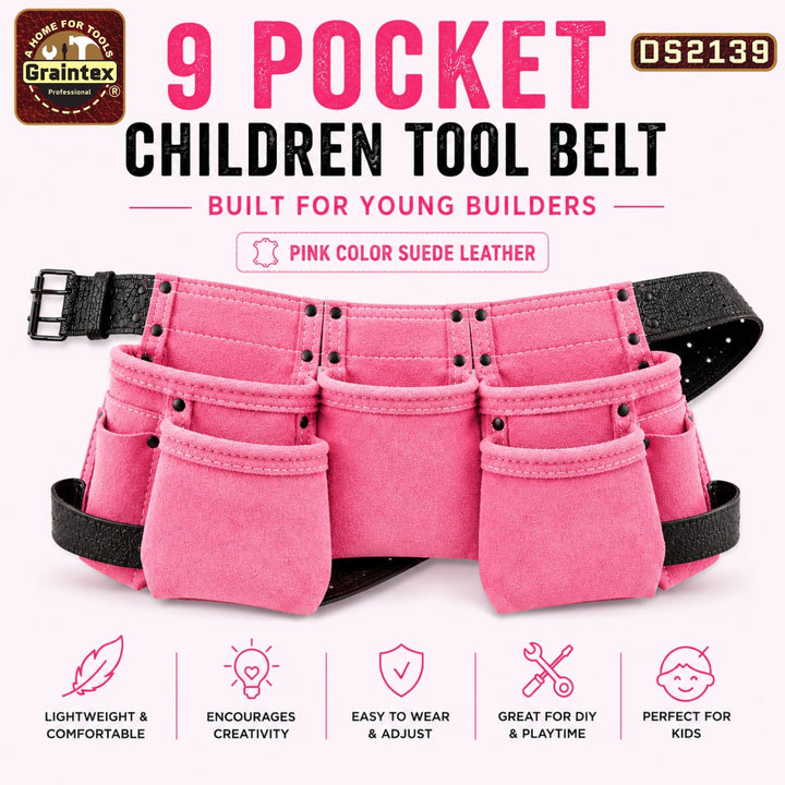 9 Pocket Children Tool Belt Pink Color Suede Leather – Graintex