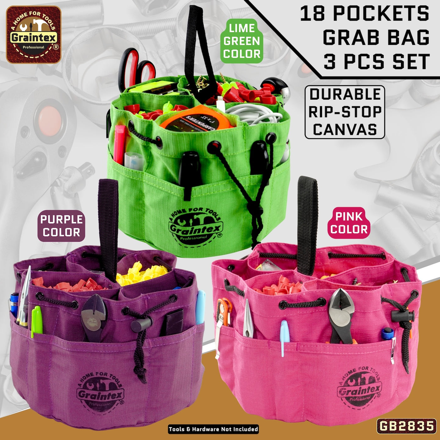 GB2835 :: 3 Pcs Grab Bags Set Purple, Pink and Lime Green Color Rip-stop Canvas 18 Pockets