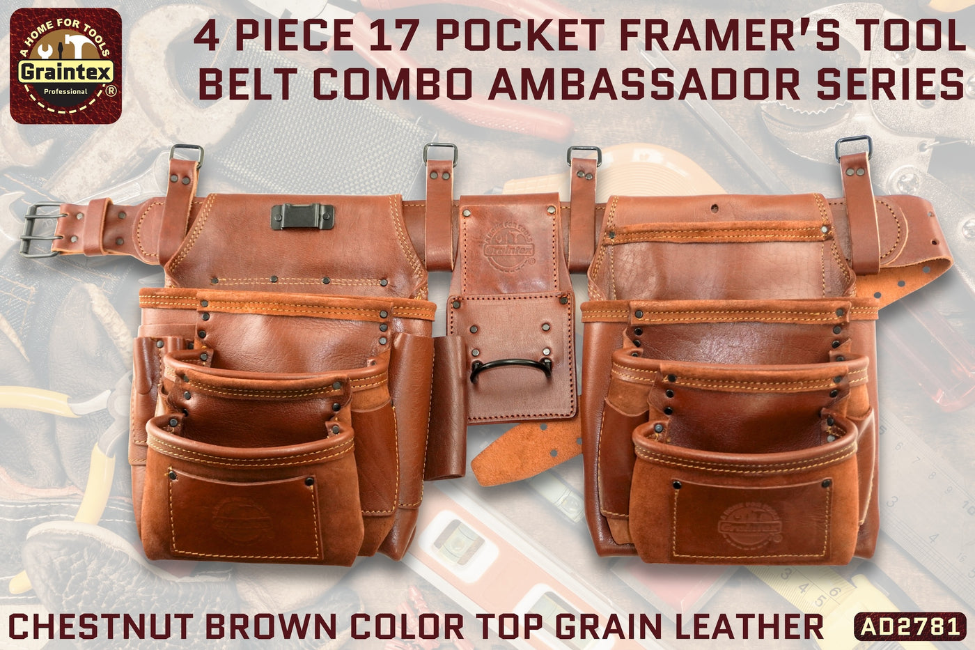 AD2781 :: 4 Piece 17 Pocket Framer's Tool Belt Combo Ambassador Series Chestnut Brown Color Top Grain Leather
