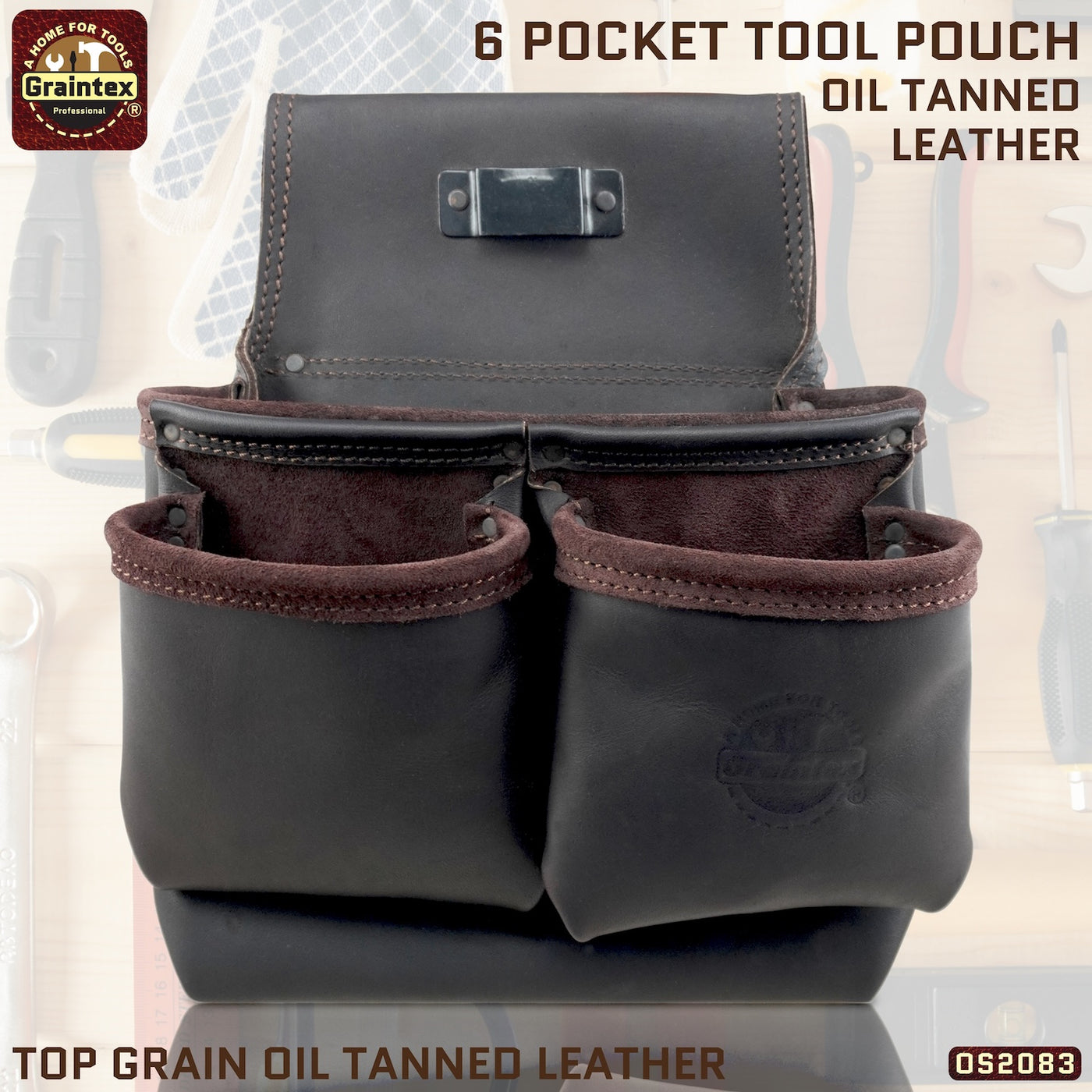 OS2083 :: 6 Pocket Framer’s Nail & Tool Pouch Brown Color Top Grain Oil Tanned Leather