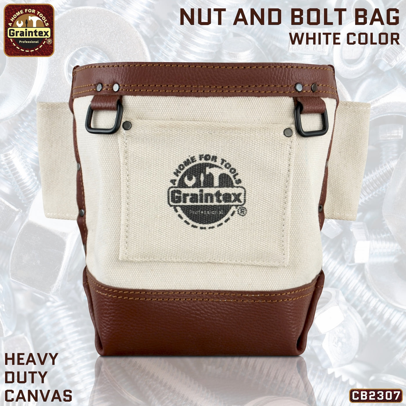 CB2307 :: Nut & Bolt Bag Heavy Duty White Canvas/Rugged Top Grain Leather