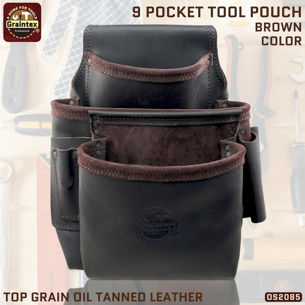 OS2085 :: 9 Pocket Framer's Nail & Tool Pouch Brown Color Top