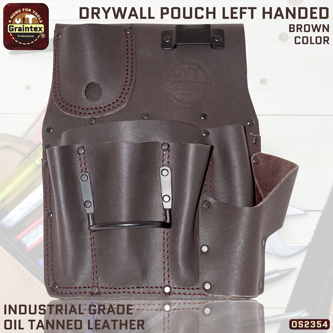 OS2354 :: Drywall Pouch Left Handed Brown Color Industrial Grade Oil Tanned Leather