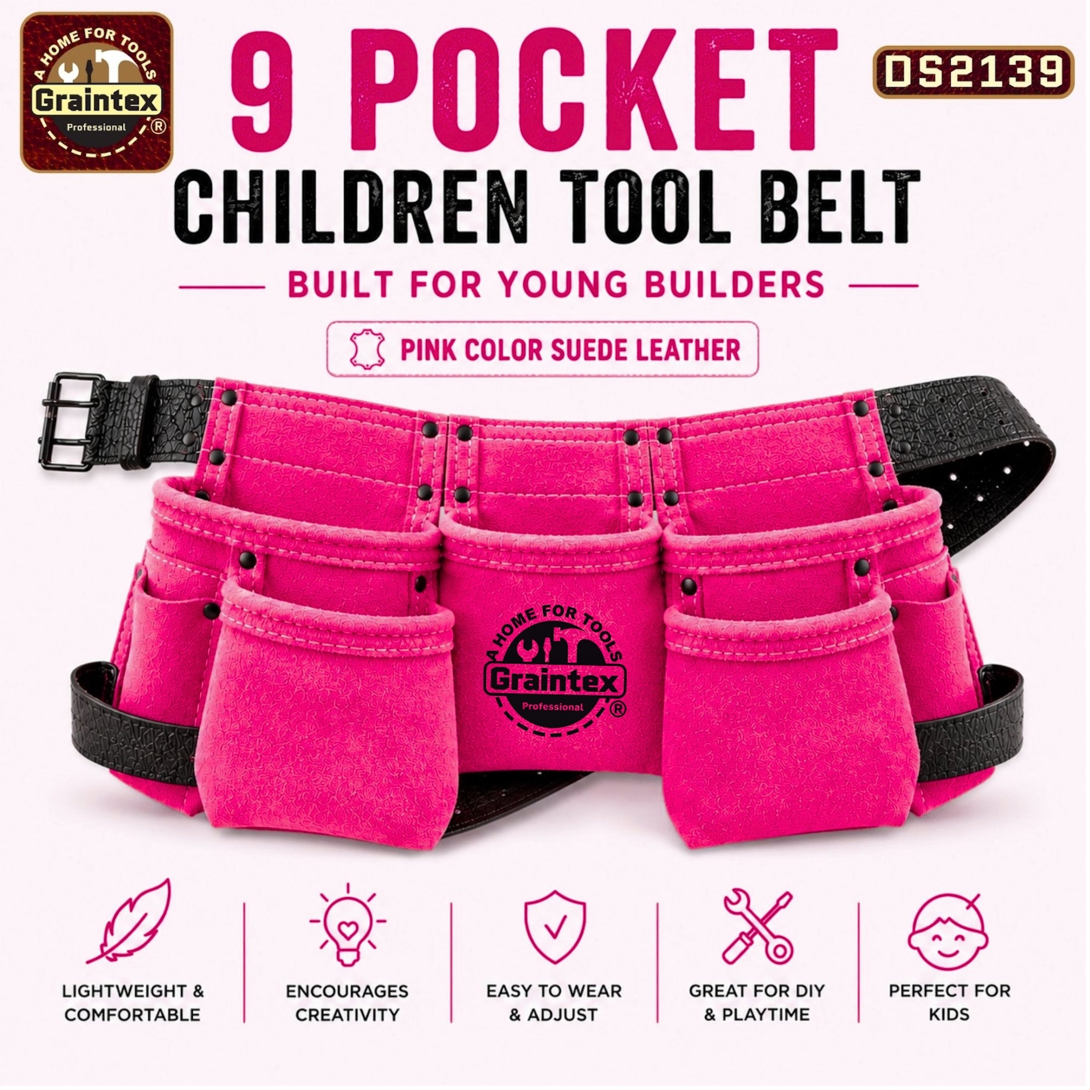 9 Pocket Children Tool Belt Pink Color Suede Leather – Graintex