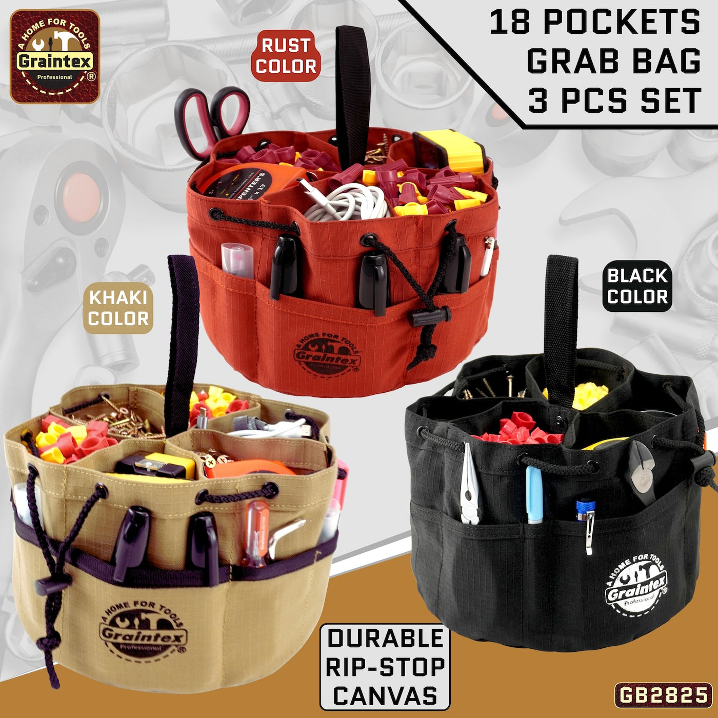 GB2825 :: 3 Pcs Grab Bags Set Rust, Black and Khaki Color Rip-stop Canvas 18 Pockets