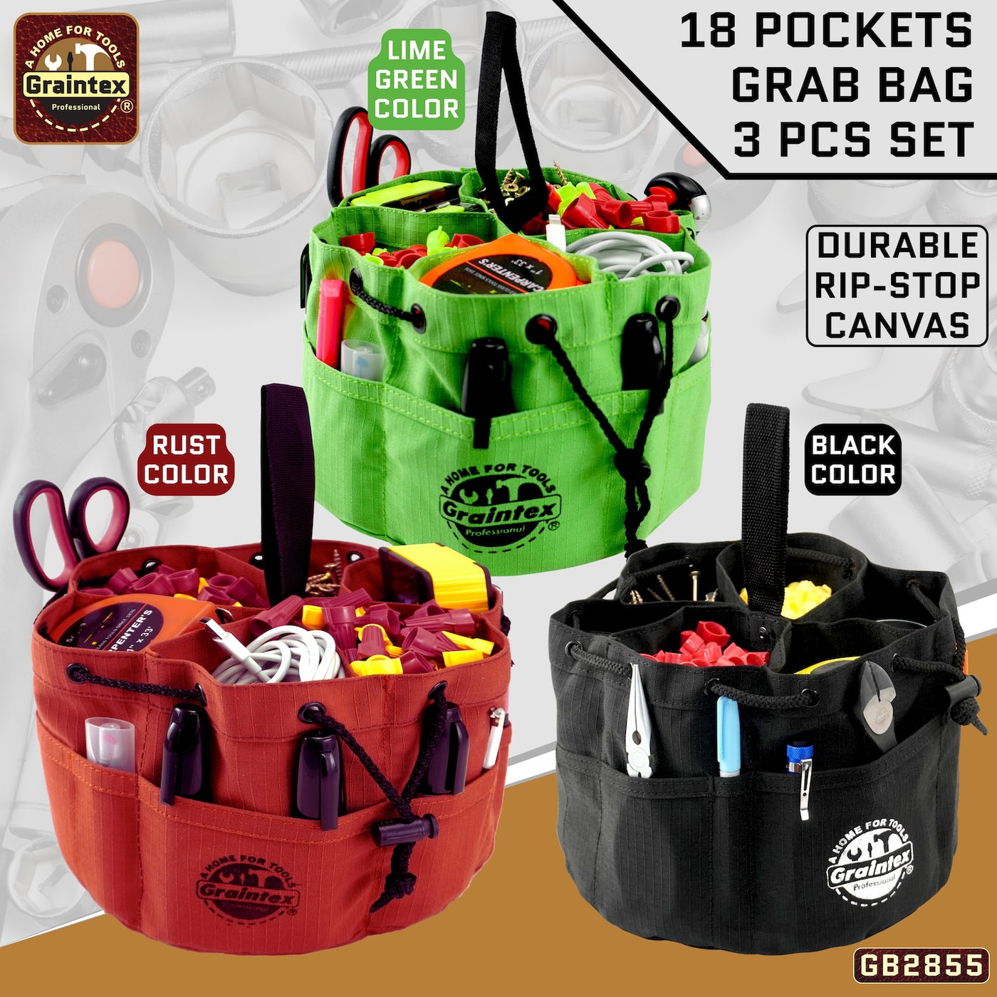 GB2855 :: 3 Pcs Grab Bags Set Rust, Black and Lime Green Color Rip-stop Canvas 18 Pockets