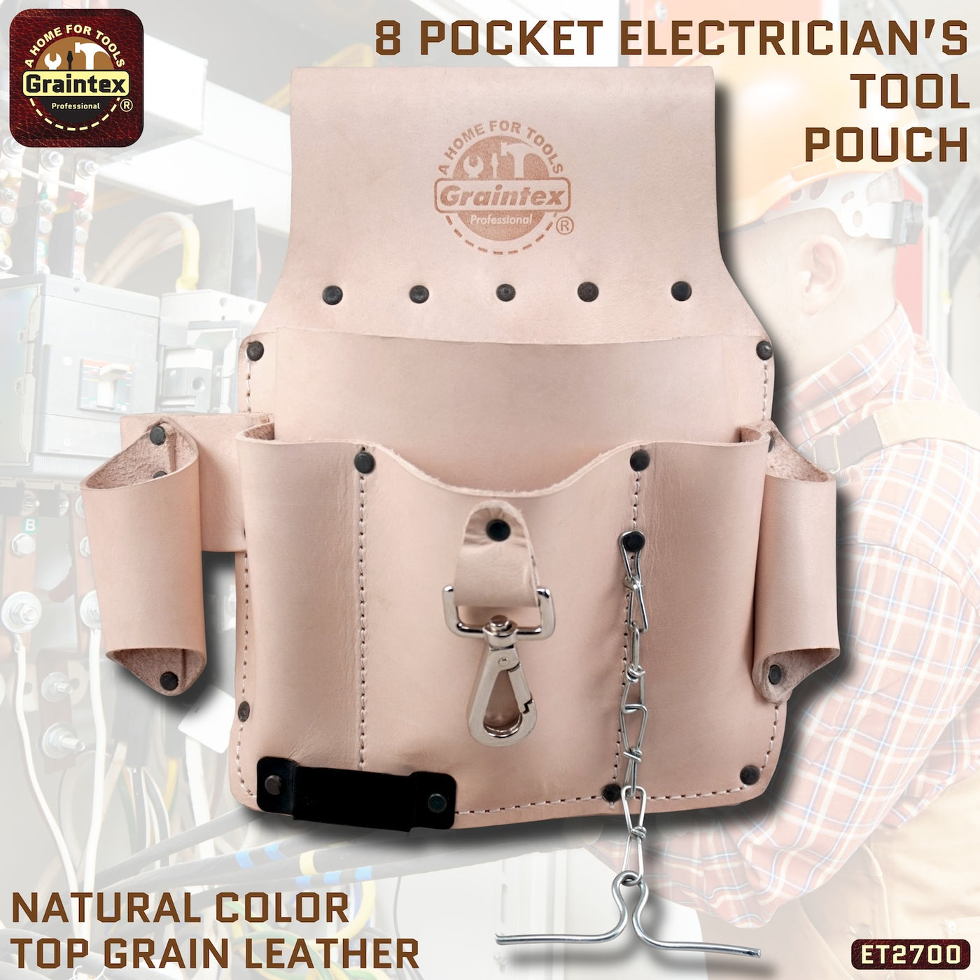 ET2700 :: 8 Pocket Electrician’s Tool Pouch Natural Color Top Grain Leather