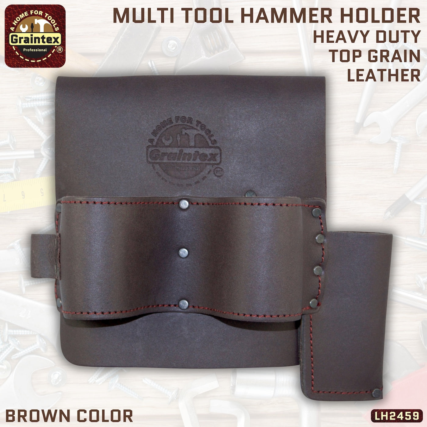 LH2459 :: MULTI TOOL HAMMER HOLDER HEAVY DUTY BROWN COLOR TOP GRAIN LEATHER