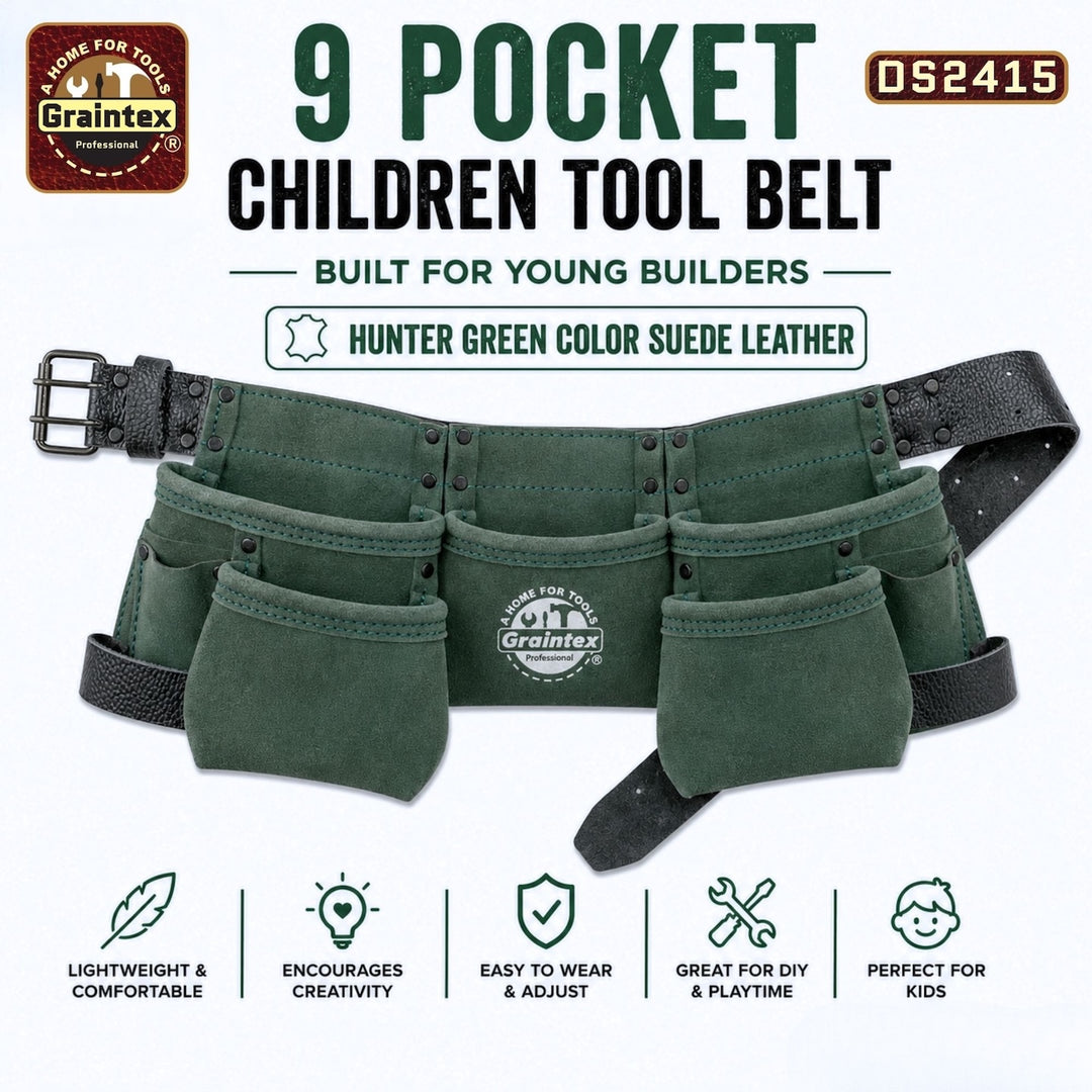 9 Pocket Children Tool Belt Hunter Green Color Suede Leather