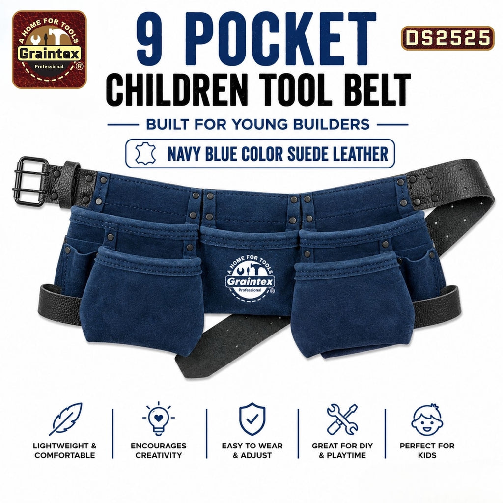 9 Pocket Children Tool Belt Navy Blue Color Suede Leather – Graintex