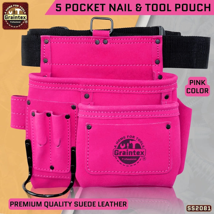 SS2081 :: 5 Pocket Nail & Tool Pouch Pink Color Suede Leather with