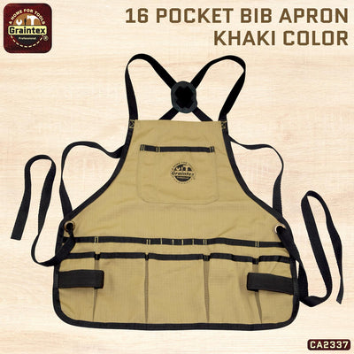 CA2337 :: Bib Apron 16 Pocket Khaki Color Rip-stop Canvas