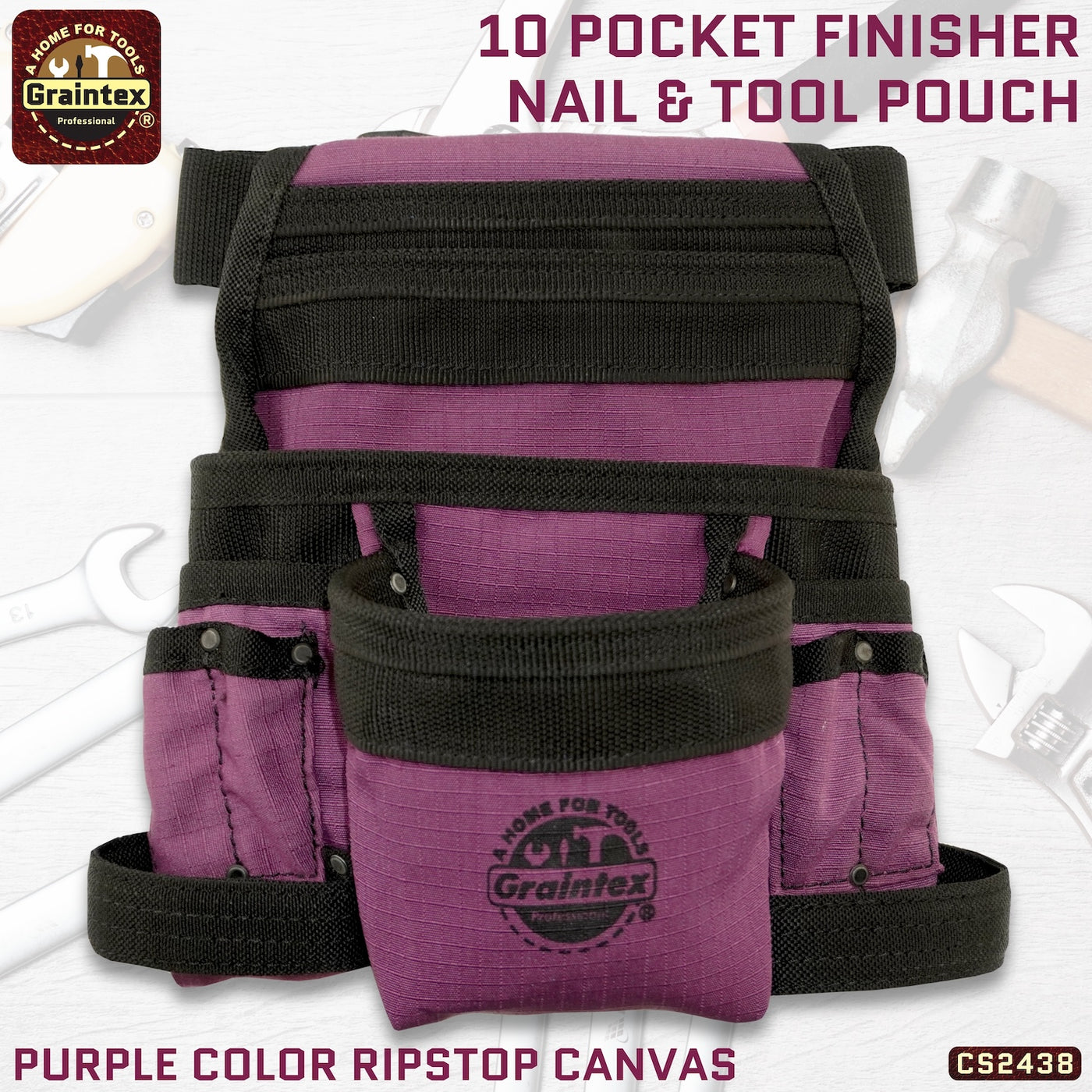 CS2438 :: 10 Pocket Finisher Nail & Tool Pouch Purple Color Ripstop Canvas with 2” Webbing Belt