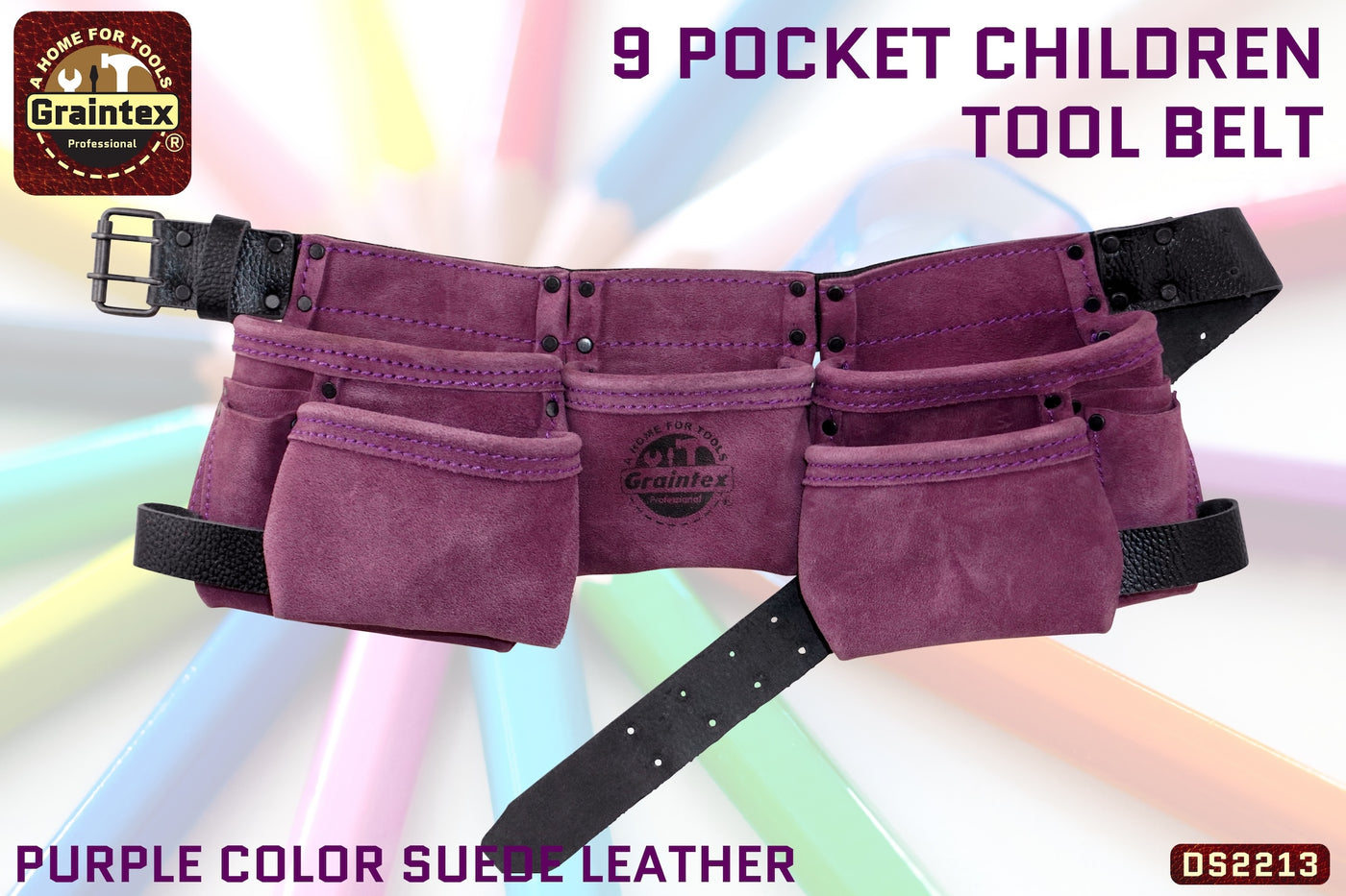 DS2213 :: 9 Pocket Children Tool Belt Purple Color Suede Leather