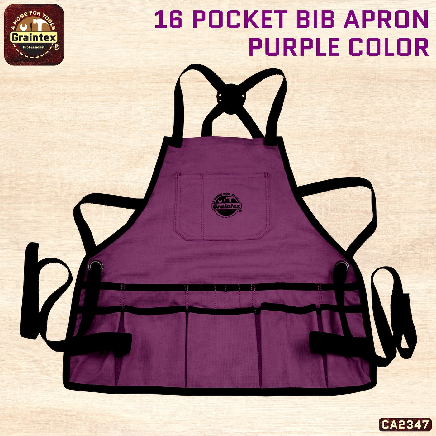 CA2347 :: Bib Apron 16 Pocket Purple Color Rip-stop Canvas