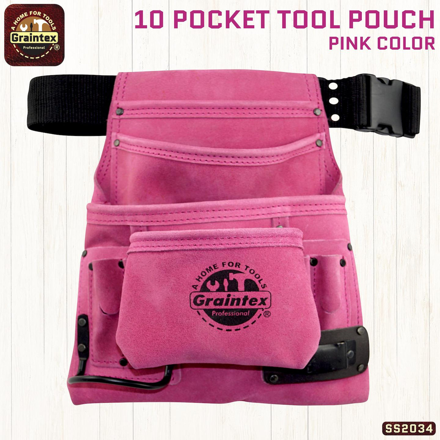 SS2034 :: 10 Pocket Nail & Tool Pouch Pink Color Suede Leather with Belt