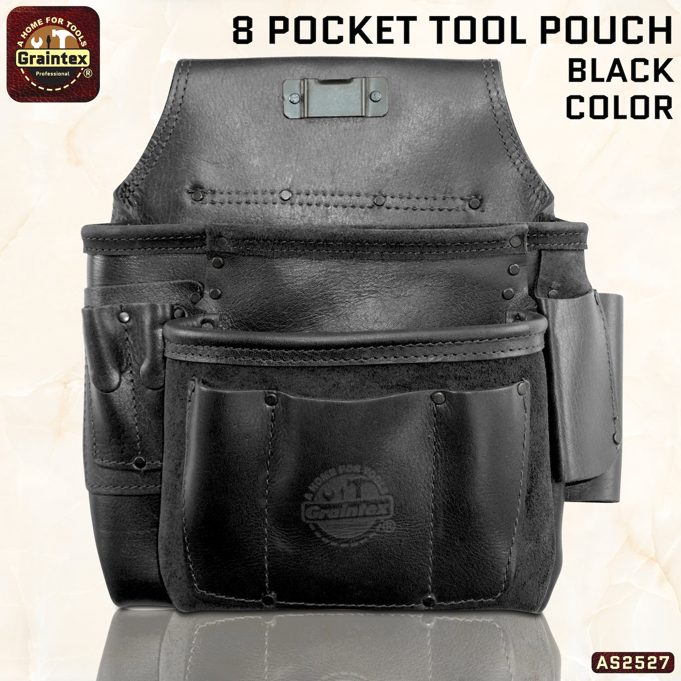 AS2527 :: 8 Pocket Framer’s Tool Pouch Ambassador Series Black Color Top Grain Leather