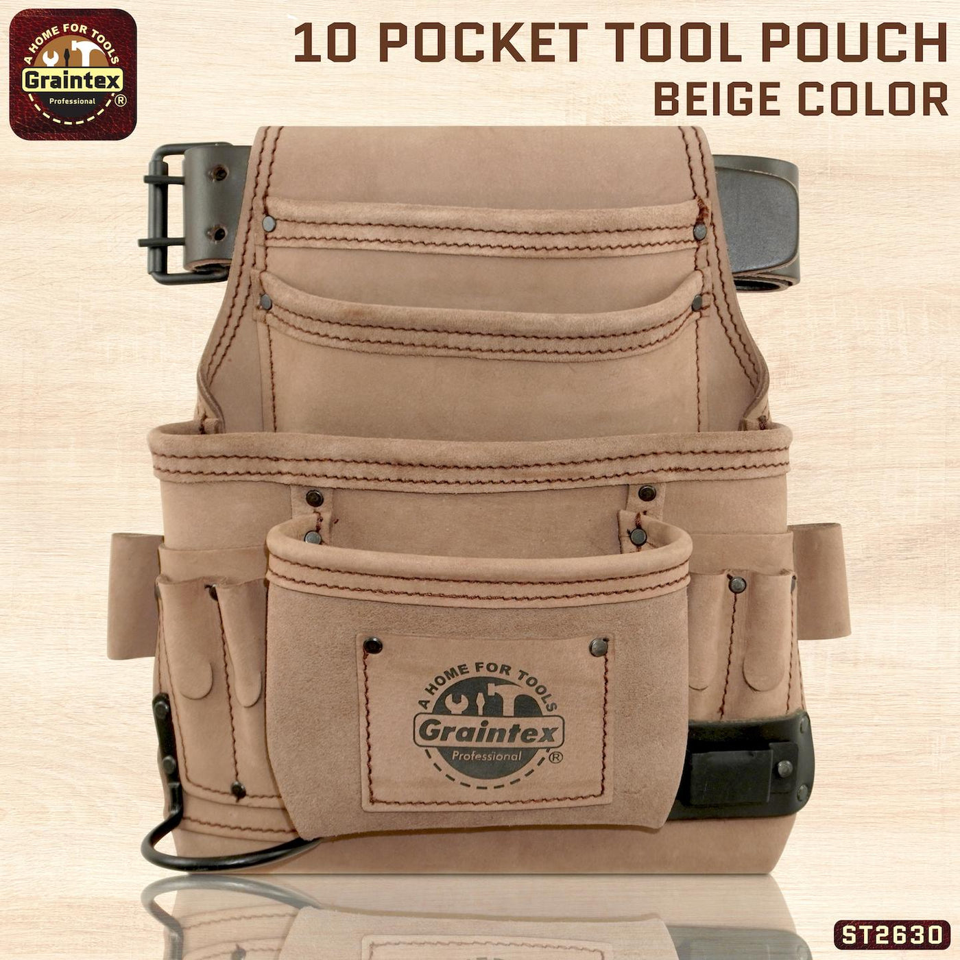 ST2630 :: 10 Pocket Nail & Tool Pouch Beige Color Top Grain Leather with 2" Leather Belt