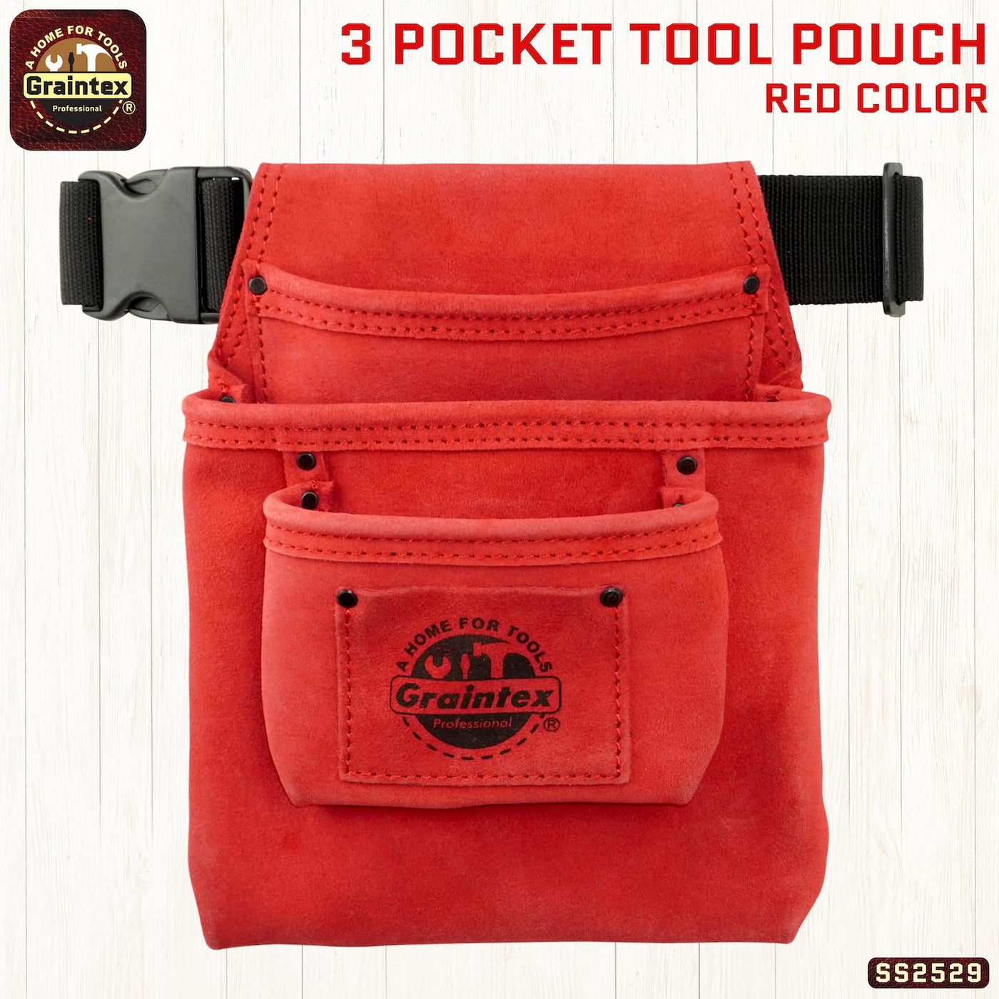 SS2529 :: 3 Pocket Nail & Tool Pouch Red Color Suede Leather with Belt