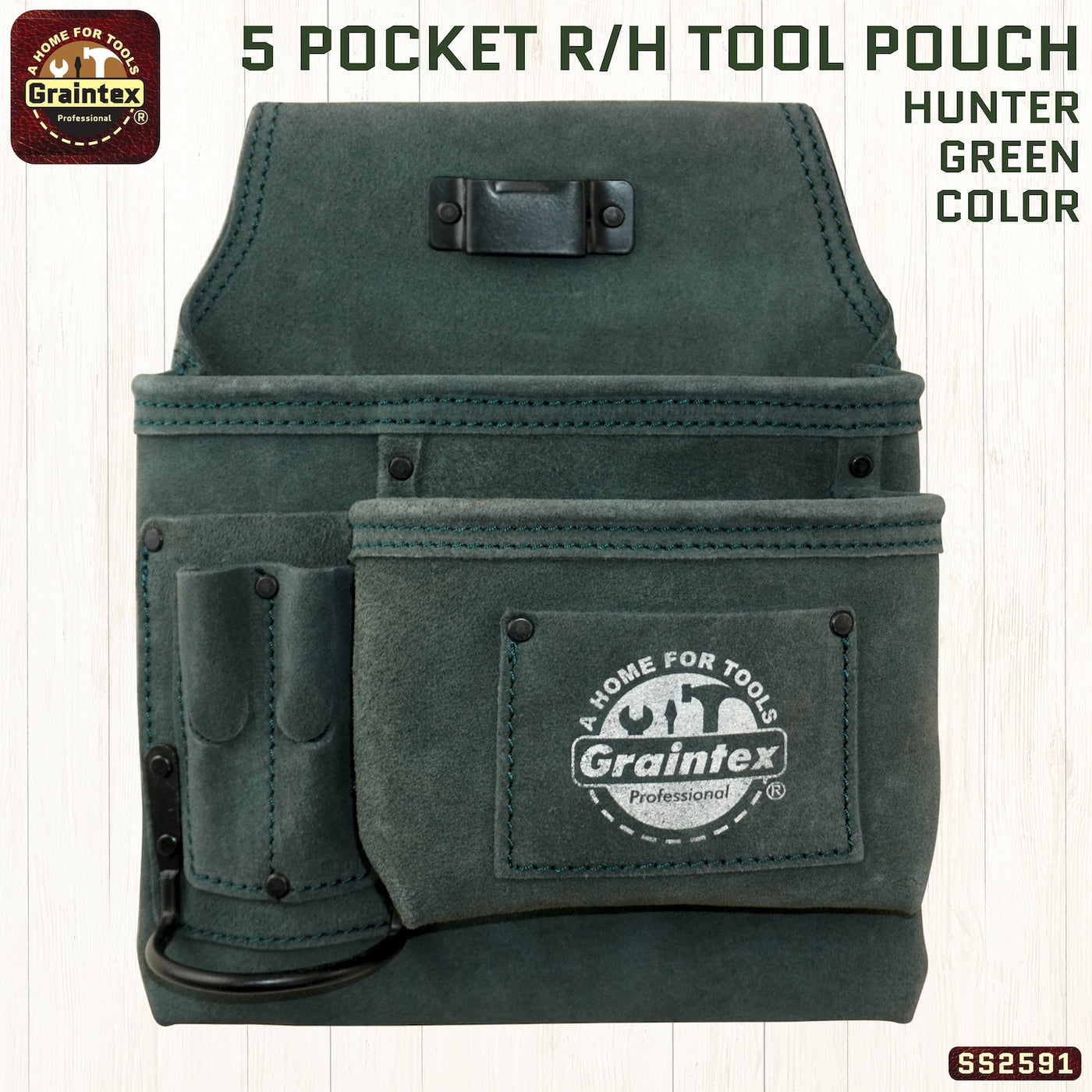 SS2591 :: 5 Pocket Right Handed Nail & Tool Pouch Hunter Green Color Suede Leather