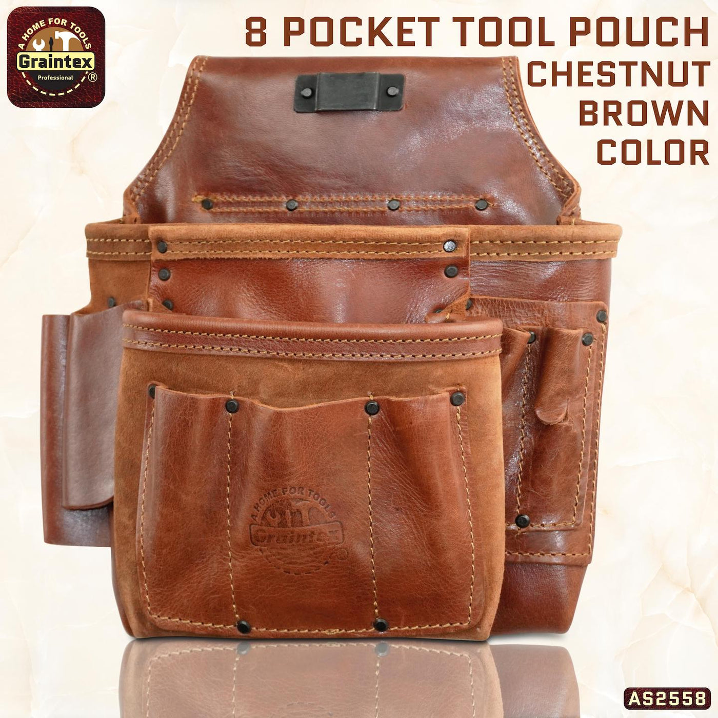 AS2558 :: 8 Pocket Framer’s Tool Pouch Ambassador Series Chestnut Brown Color Top Grain Leather