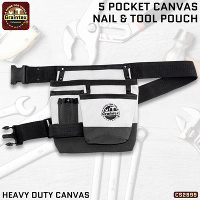 CS2899 :: 5 Pocket Nail & Tool Pouch with 2" Webbing Belt Heavy Duty Canvas