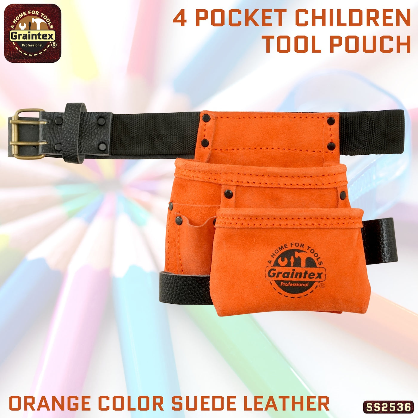 SS2536 :: 4 Pocket Children Tool Pouch Orange Color Suede Leather