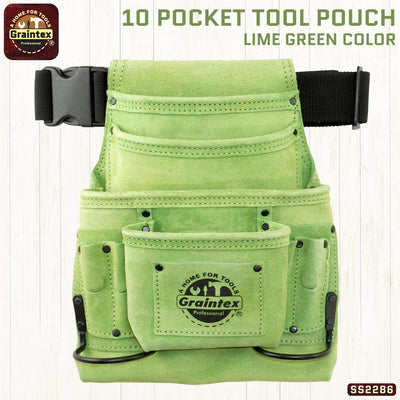 SS2286 :: 10 Pocket Nail & Tool Pouch Lime Green Color Suede Leather with Belt