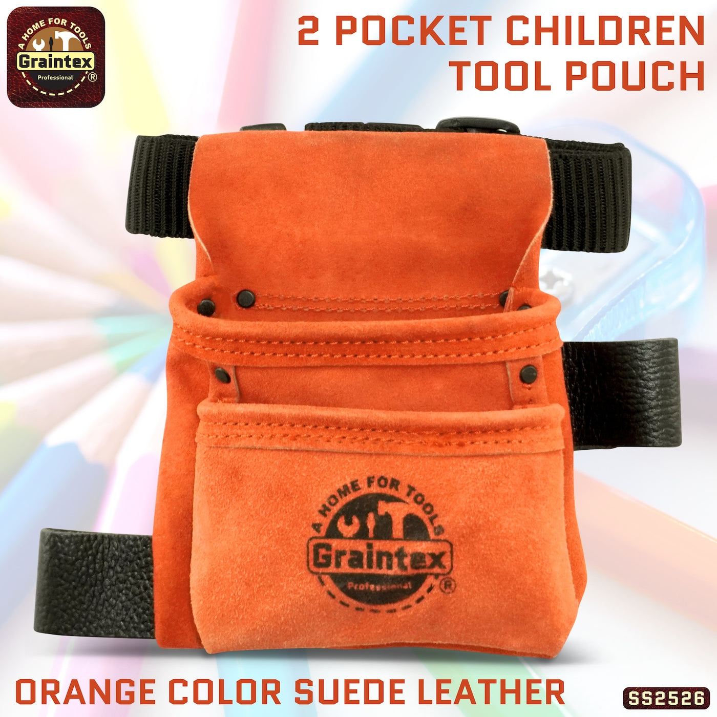 SS2526 :: 2 Pocket Children Tool Pouch Orange Color Suede Leather