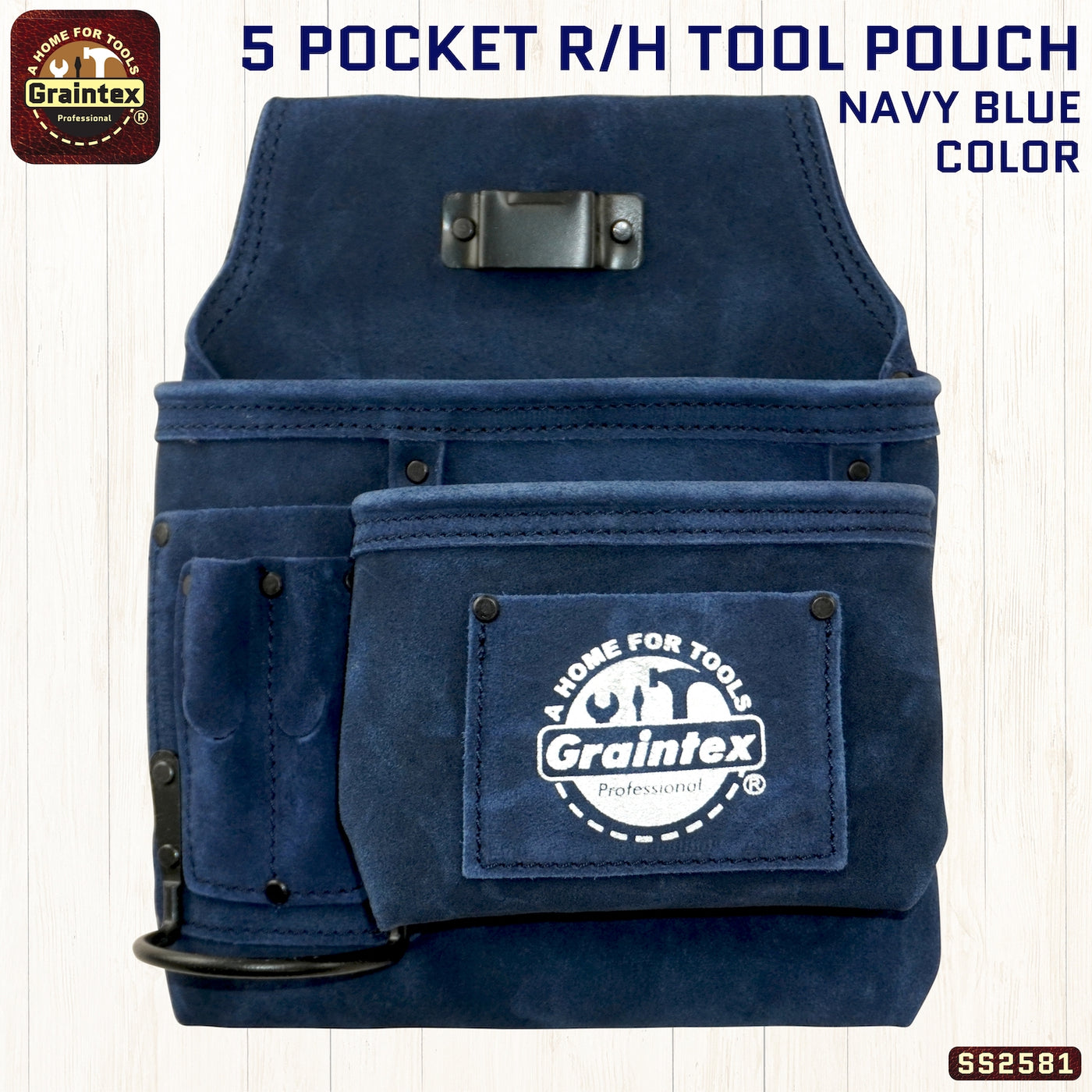 SS2581 :: 5 Pocket Right Handed Nail & Tool Pouch Navy Blue Color Suede Leather
