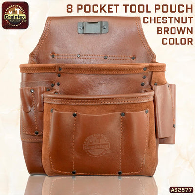 AS2577 :: 8 Pocket Framer’s Tool Pouch Ambassador Series Chestnut Brown Color Top Grain Leather