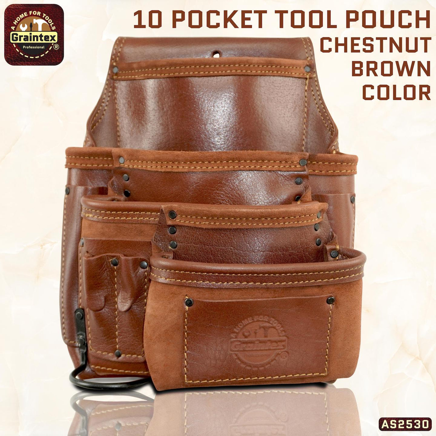 AS2530 :: 10 Pocket Right Handed Framer’s Tool Pouch Ambassador Series Chestnut Brown Color Top Grain Leather