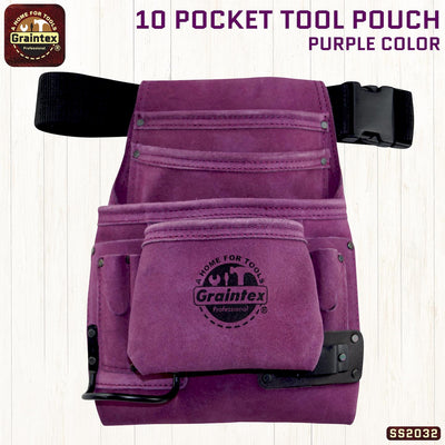 SS2032 :: 10 Pocket Nail & Tool Pouch Purple Color Suede Leather with Belt