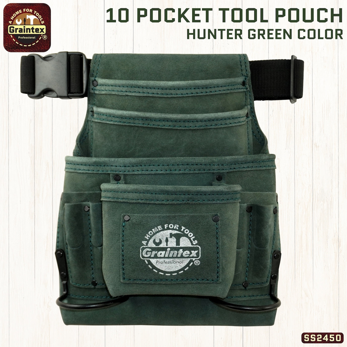 SS2450 :: 10 Pocket Nail & Tool Pouch Hunter Green Color Suede Leather with Belt