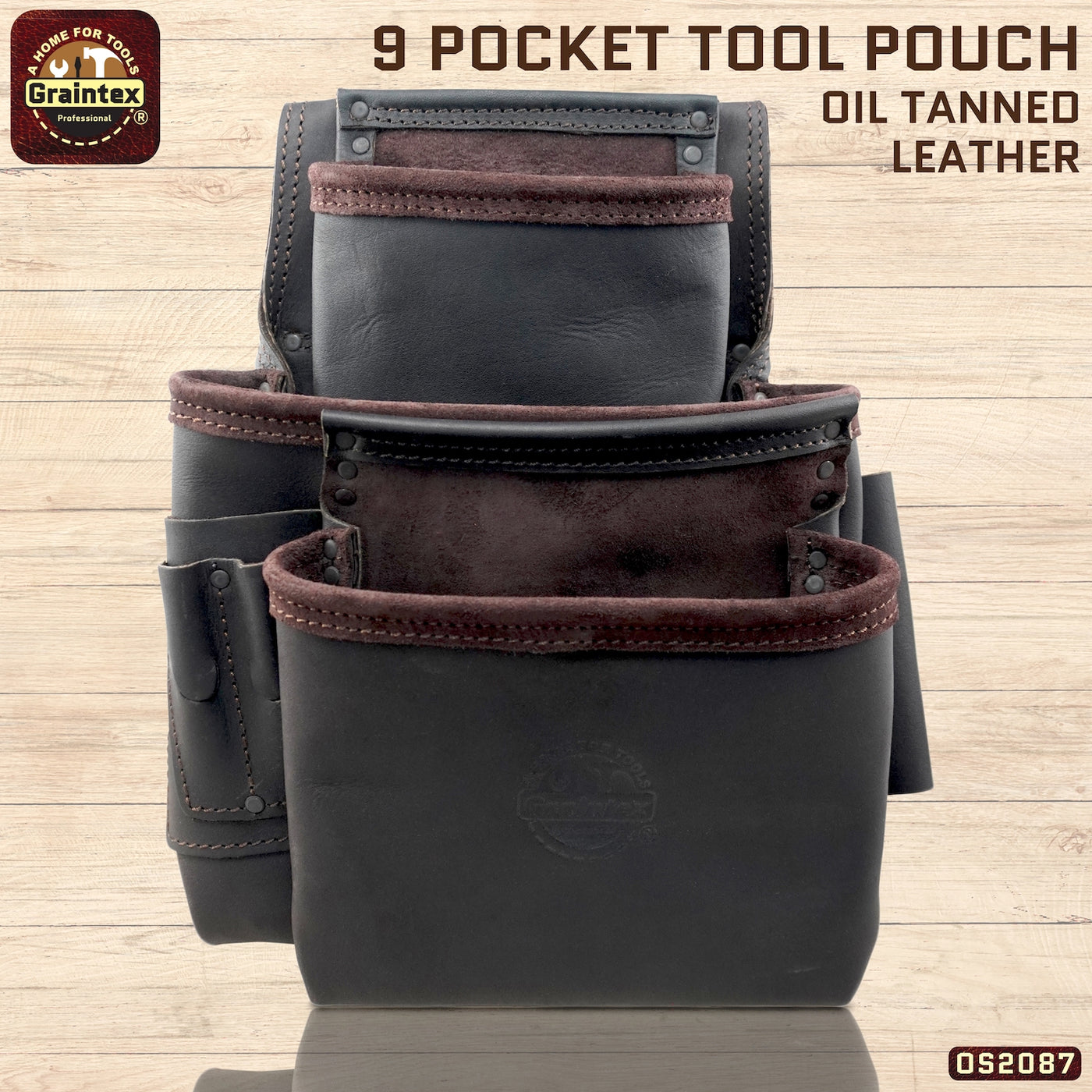 OS2087 :: 9 Pocket Framer’s Nail & Tool Pouch Brown Color Top Grain Oil Tanned Leather