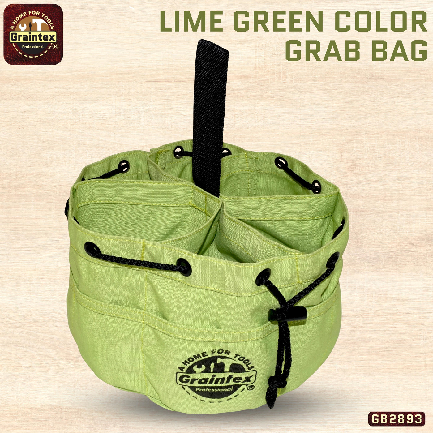 GB2893 :: Grab Bag Lime Green Color Rip-stop Canvas 18 Pockets Drawstring Closure