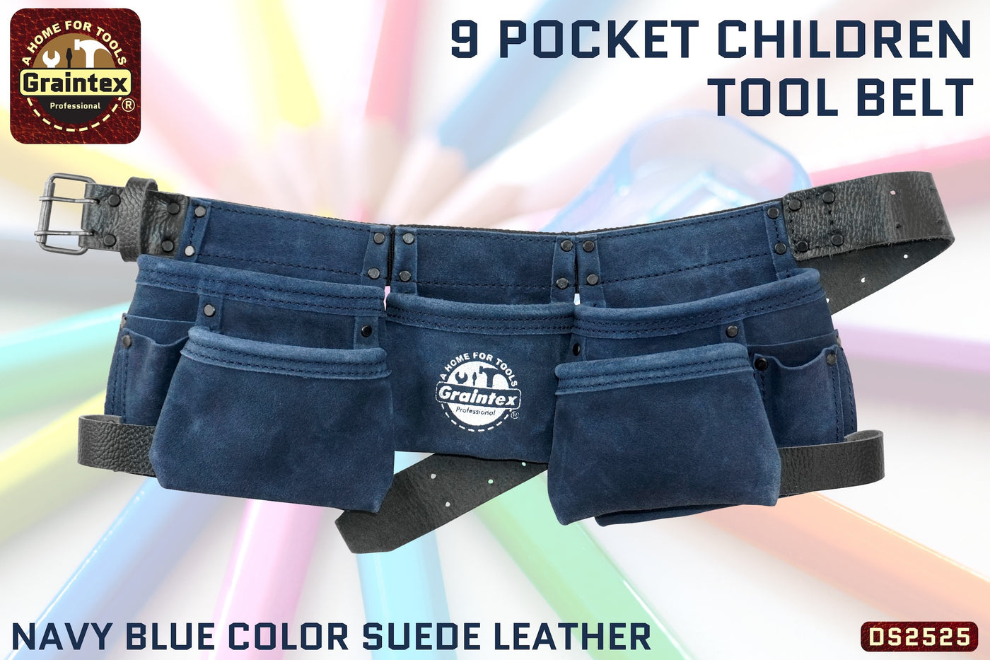 DS2525 :: 9 Pocket Children Tool Belt Navy Blue Color Suede Leather