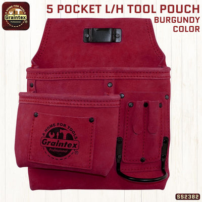 SS2382 :: 5 Pocket Left Handed Nail & Tool Pouch Burgundy Color Suede Leather