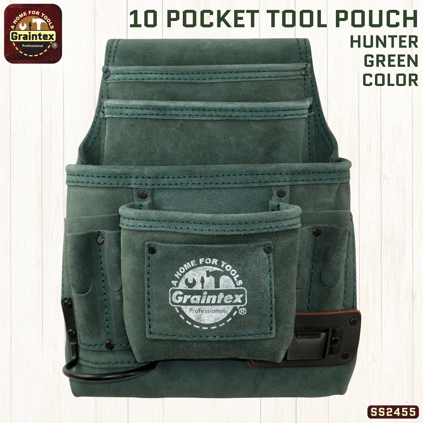 SS2455 :: 10 Pocket Nail & Tool Pouch Hunter Green Color Suede Leather