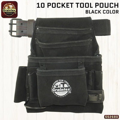 SS2680 :: 10 Pocket Nail & Tool Pouch Black Color Suede Leather with 2" Leather/Webbing Belt