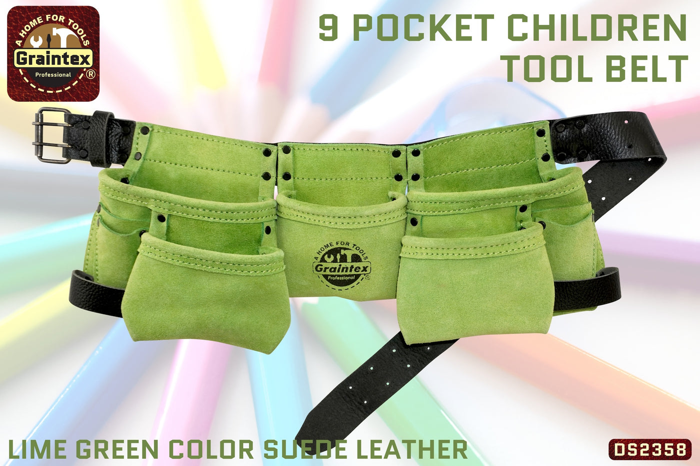 DS2358 :: 9 Pocket Children Tool Belt Lime Green Color Suede Leather