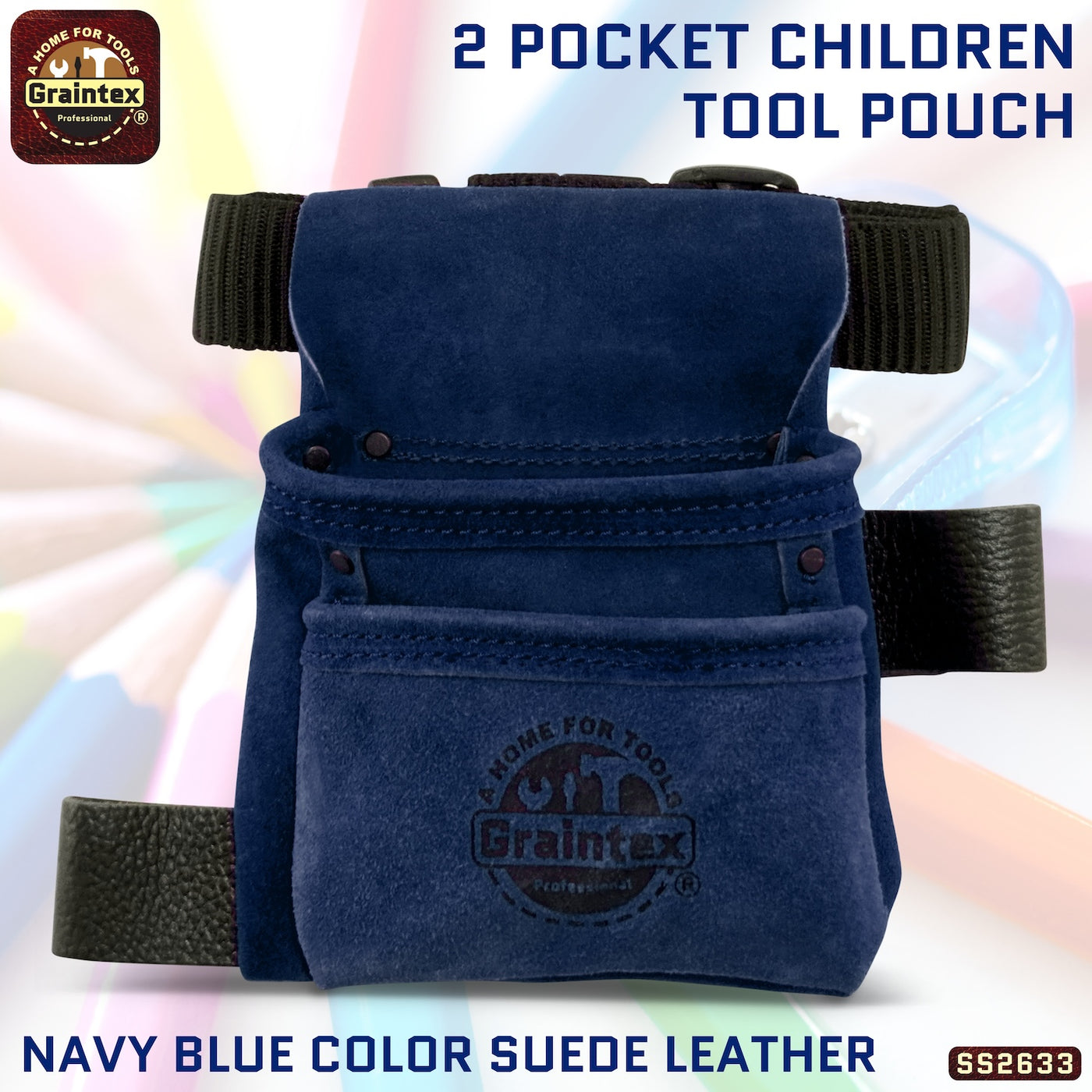 SS2633 :: 2 Pocket Children Tool Pouch Navy Blue Color Suede Leather